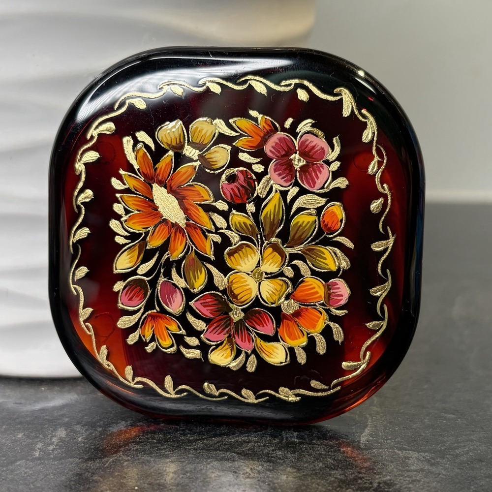 Vintage Hand-Painted Vibrant Good Floral Lacquered Double Compact Mirror 2.75"